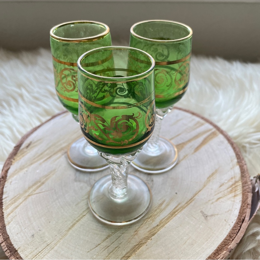 Vtg Czech Crystal Sherry Glasses Set 3 Green Gold Filigree